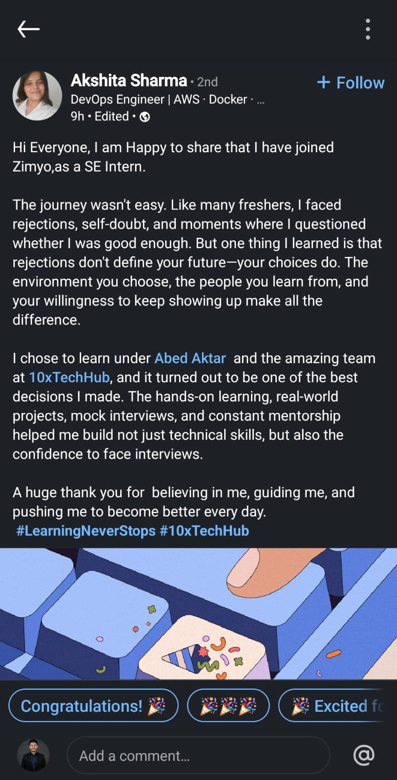LinkedIn post celebrating joining Zimyo as an SE Intern